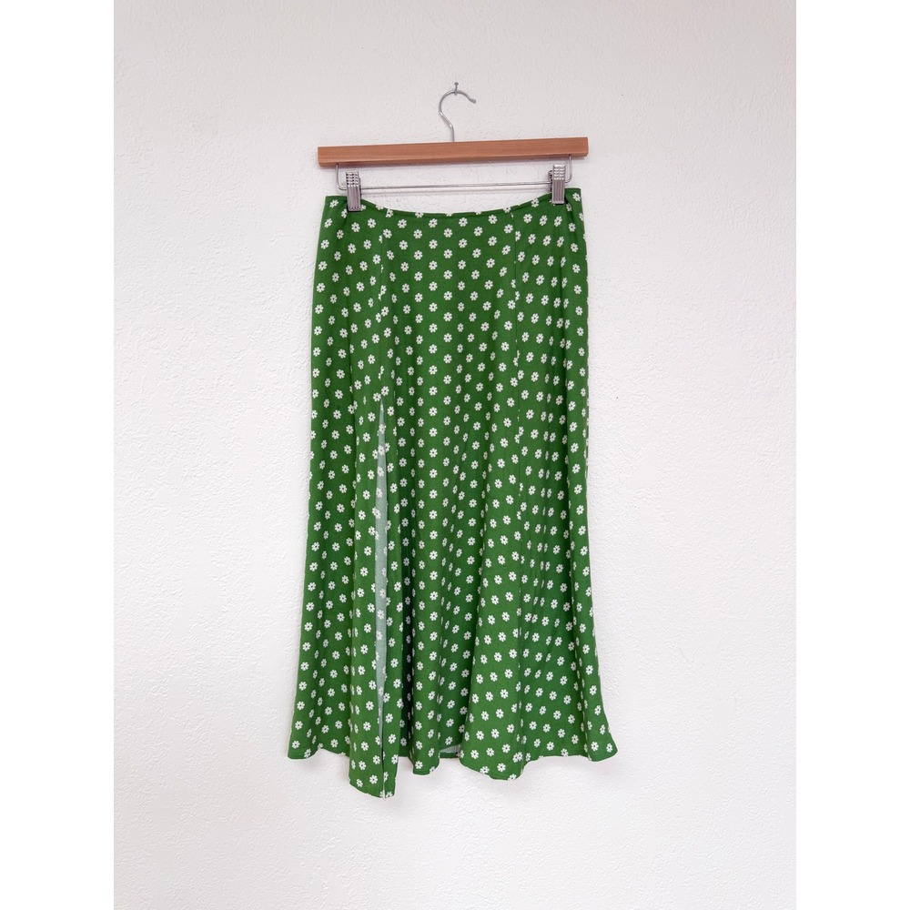 Reformation Green Daisy Floral Midi Skirt High Slit Kelly Green White Size 2